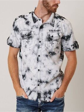 Rock Revival Men's Black & White Tie-Dye Short Sleeve Button-Front Shirt